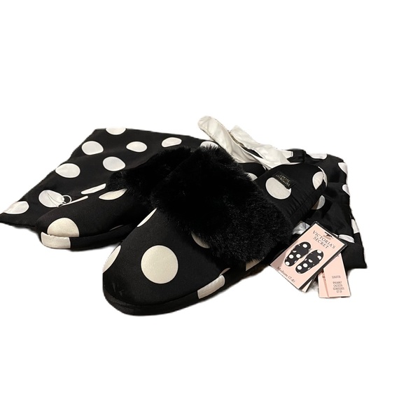 NWT Victoria’s Secret Polka Dot Satin and Faux Fur Slippers Size Medium (7-8) - Picture 5 of 7